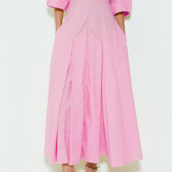 Pink Elegant Women's V-Neck Long Sleeve Maxi Dress with Flared Hem - Picture 2 of 3